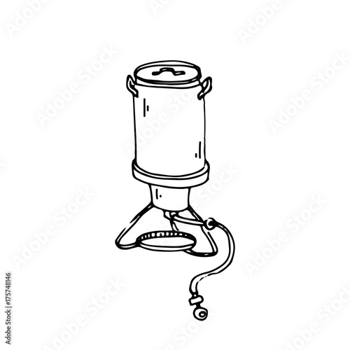 Hand drawn doodle Thanksgiving icon - Turkey Fryer isolated on white background. Vector illustration. Cooker for roasted turkey icon. Holiday symbol. Cartoon celebration element: hot baked turkey.