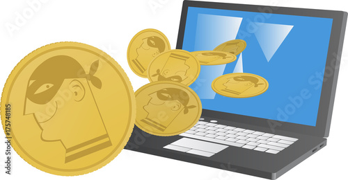 Coins with a profile of a masked criminal flowing from a laptop as a metaphor for digital money mining, EPS 8 vector illustration