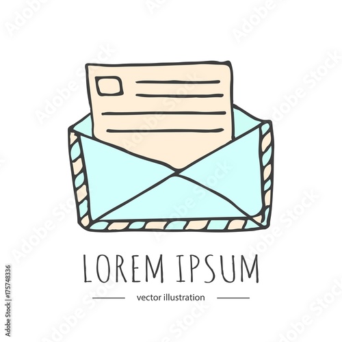 Hand drawn doodle Postal element - envelope icon isolated on white background. Vector illustration. Post symbol. Cartoon mail element: sealed letter, envelope, stamp, post box, package