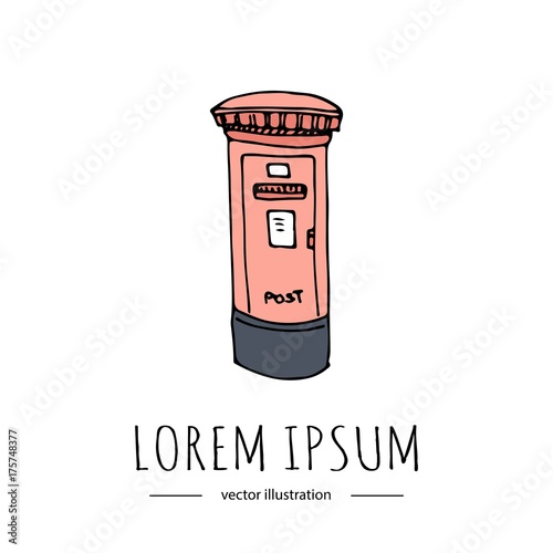 Hand drawn doodle Postal element  - mail box icon isolated on white background. Vector illustration. Post symbol. Cartoon mail element: letter, envelope, post box, package, delivery, newspaper