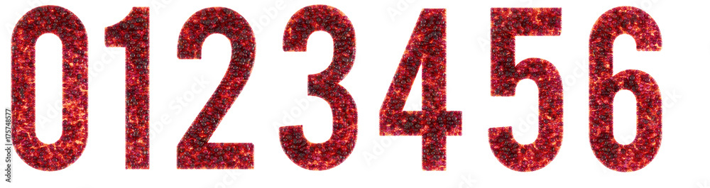 Zero, One, Two, Three, Four, Five, Six, 0, 1, 2, 3, 4, 5, 6 Bubbles, Glass 3D Rendered Digits, Signs Colored With Red, Raspberry, Crimson Isolated On White Background