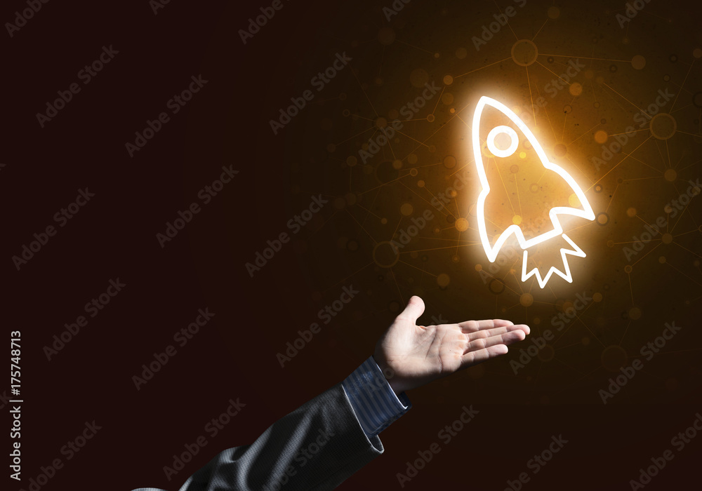 Man palm presenting Rocket web icon as technology concept Man palm presenting Rocket web icon as technology concept