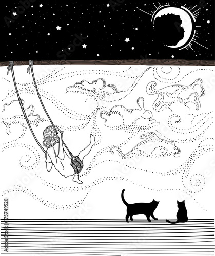 vector kid on a swing, childhood fantasies, an imaginary world where clouds in the sky are like fairy animals