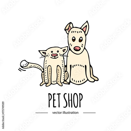 Hand drawn doodle sitting cute dog and cat icons isolated on white background. Vector illustration. Pets stuff, supply concept Vet symbol Cartoon dog care, paw, tail Funny character Goods for pet shop