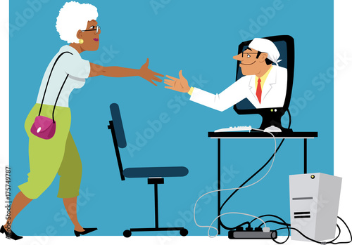 Mature black woman shaking hands with a doctor, coming out of a computer monitor, EPS 8 vector illustration