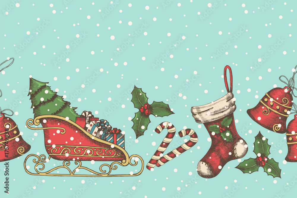 Seamless background with hand drawn bells, santa's sleigh, candy, holly and sock. New year. Christmas pattern can be used for wallpaper, web page background, surface textures, textile, package, banner