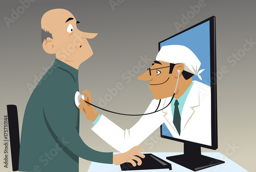 A doctor with stethoscope coming out of a computer and examining a mature patient, EPS 8 vector illustration