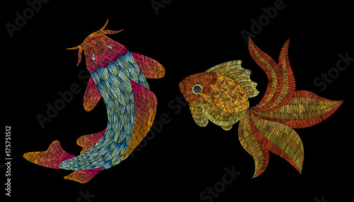 gold fish and catfaish. Traditional folk stylish stylish floral embroidery on the black background. Sketch for printing on fabric, clothing, bag, accessories and design. Vector, trend
