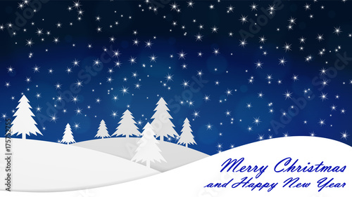 Merry Christmas and Happy New Year. Background. Evening, the snow falls. Vector image.