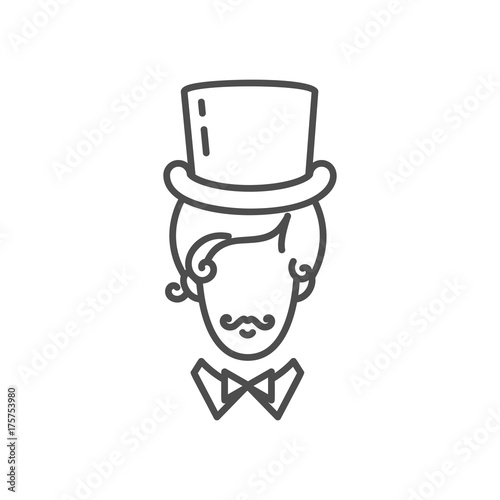Gentleman Icon, Elegant Man in a tall hat with a mustache. Line art design, Vector flat illustration