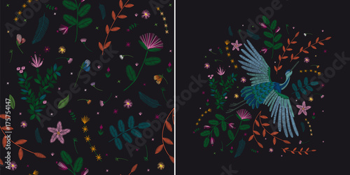 Crane and flowers plant. Traditional folk stylish stylish floral embroidery on the black background. Sketch for printing on fabric, clothing, bag, accessories and design. Vector, trend