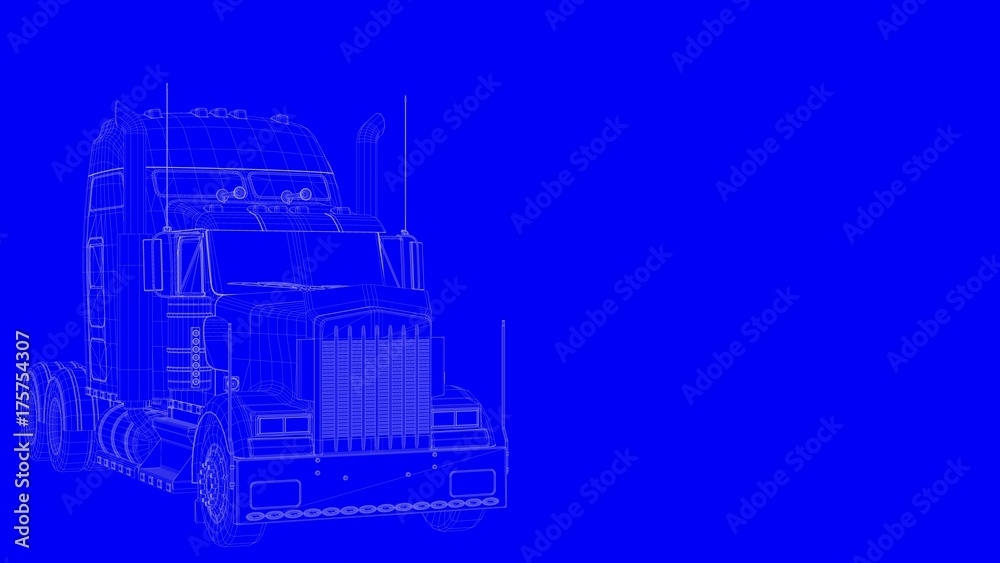 3d rendering of a blue print truck in white lines on a blue background