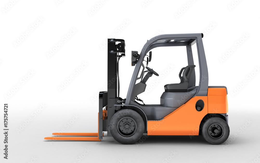 3d rendering forklift truck isolated on white background. Side view