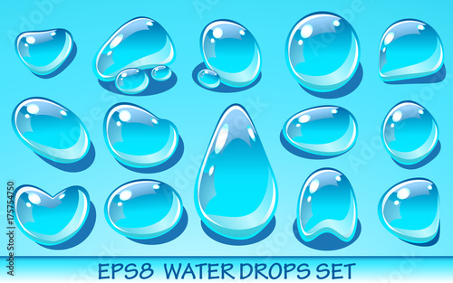 Realistic water drops set. Useful for aqua icons. Vector EPS8 illustration. No transparent objects