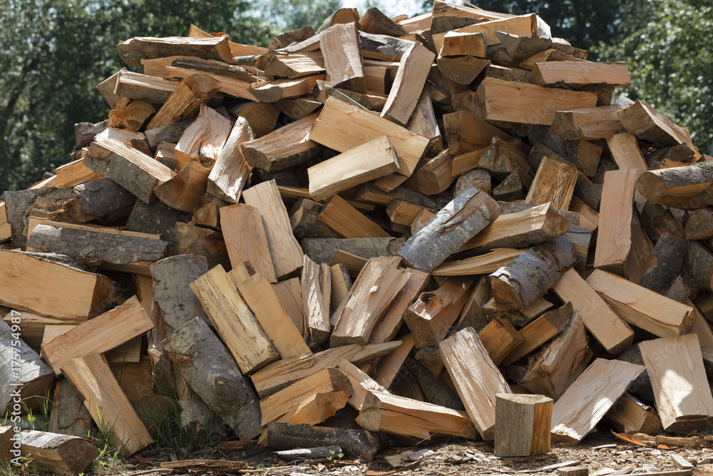 A pile of dry chopped firewood outdoors against the background of green trees. A pile of dry chopped firewood outdoors against the background of green trees.