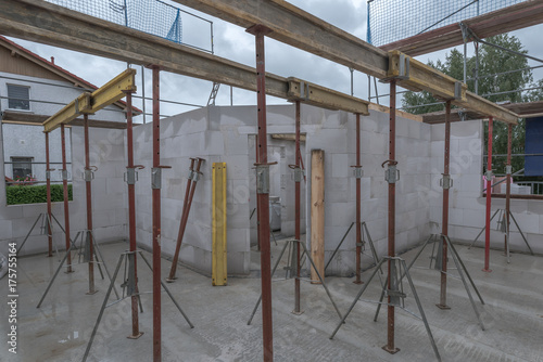 Scaffolding and formwork in the installation building on site. Substructure for laying ceiling tiles.