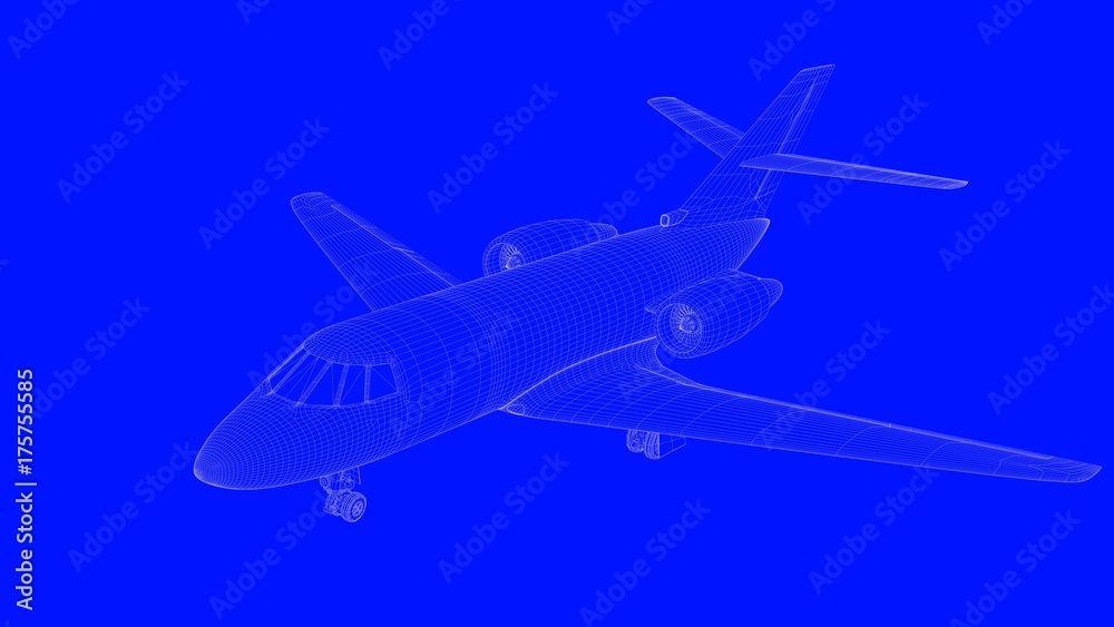 3d rendering of a blue print airplane in white lines on a blue background 3d rendering of a blue print airplane in white lines on a blue background
