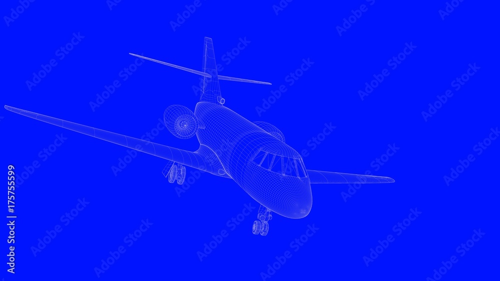 3d rendering of a blue print airplane in white lines on a blue background 3d rendering of a blue print airplane in white lines on a blue background