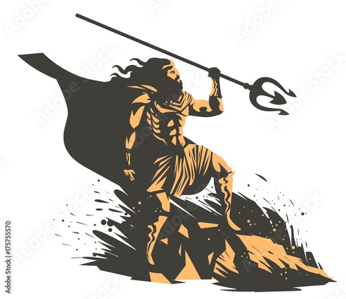 neptune poseidon with trident in the sea