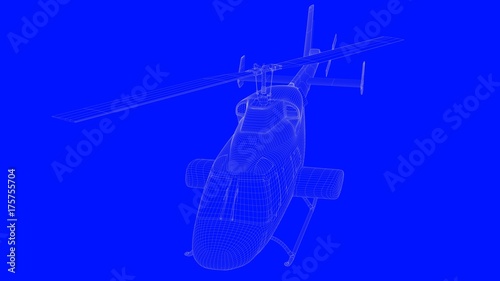 3d rendering of a blue print helicopter in white lines on a blue background