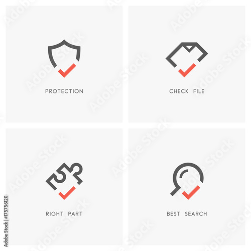 Check mark logo set. Shield, document or file, magnifier or loupe and puzzle piece with tick or checkmark symbol - protection and defense, agreement, search and jigsaw part icons.