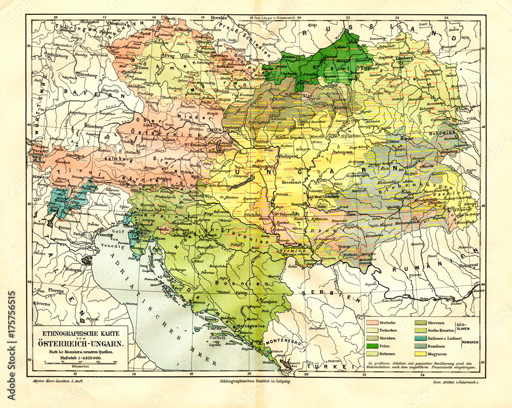 Ethnographic map of Austria-Hungary (from Meyers Lexikon, 1896, 13/288/289)  Foto, Poster, Wandbilder bei EuroPosters