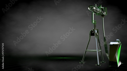 3d rendering of a reflective shoot gun with green outlined lines as blueprint on dark background