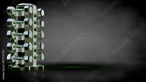 3d rendering of a reflective gym tools with green outlined lines as blueprint on dark background