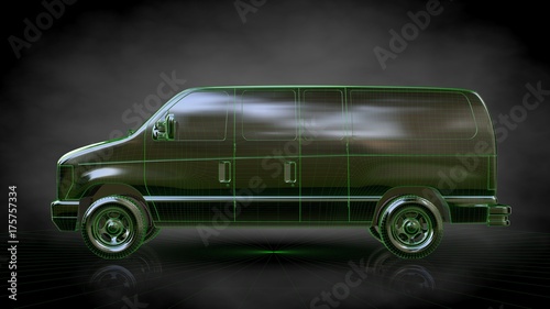 3d rendering of a reflective car with green outlined lines as blueprint on dark background