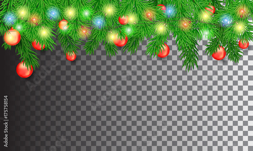 Christmas tree branches with colorful luminous garlands and red Christmas balls on a transparent background