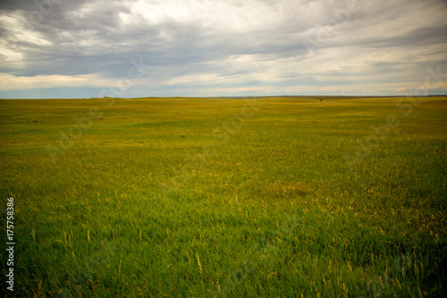 A photo of a cloudy summer afternoon sky over a green prairie in Nebraska, USA