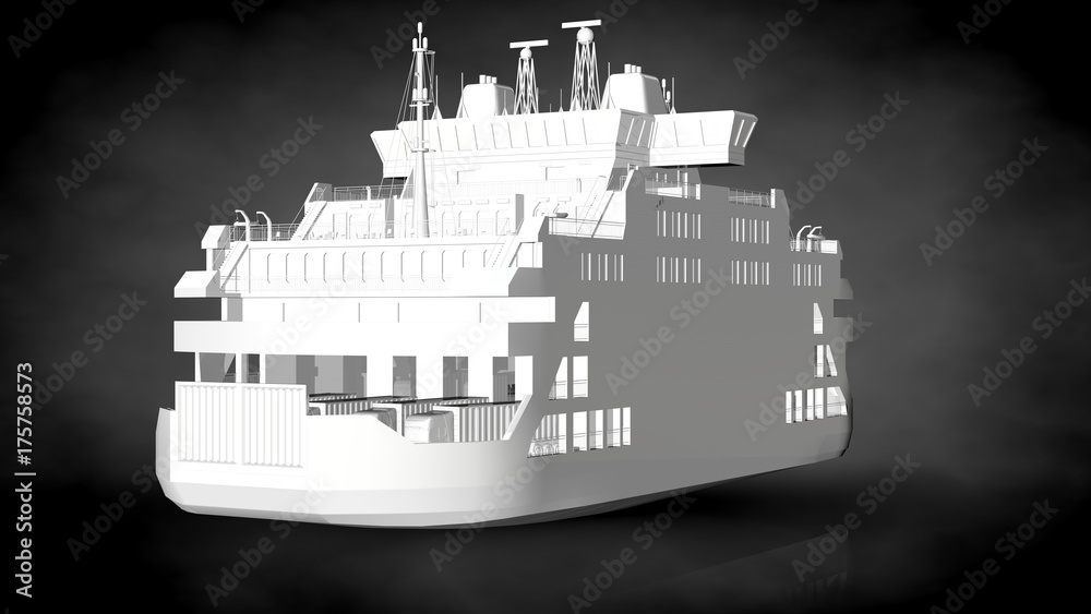 3d rendering of a white reflective ship on a dark background