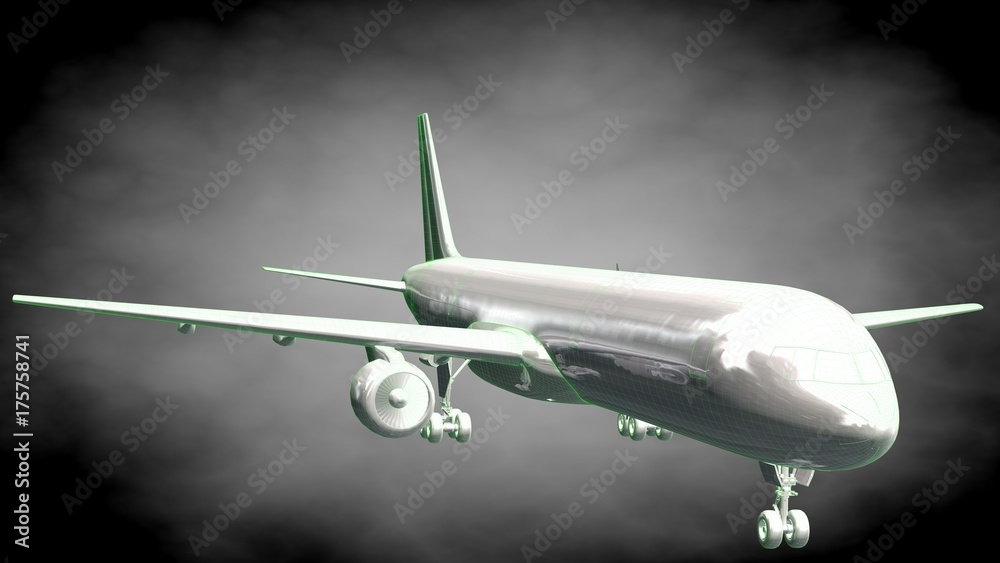 Fototapeta 3d rendering of a reflective airplane with green outlined lines as blueprint on dark background