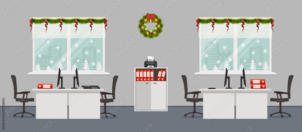 Office room, decorated with Christmas decoration. There are white desks, black chairs, computers, a cabinet with printer and other objects in the picture. Vector illustration