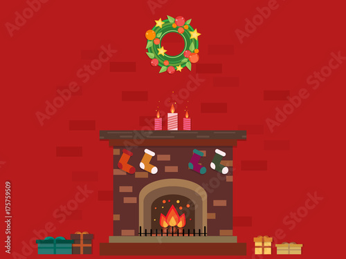 Beautiful Christmas fireplace with decoration in flat design style