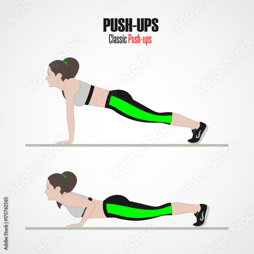 Sport exercises. Exercises with free weight. Pushups. Illustration of an active lifestyle.