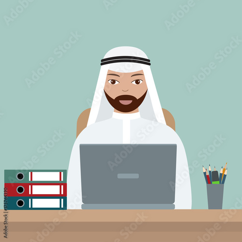 Arab businessman at his workplace. Flat style, vector illustration. 
