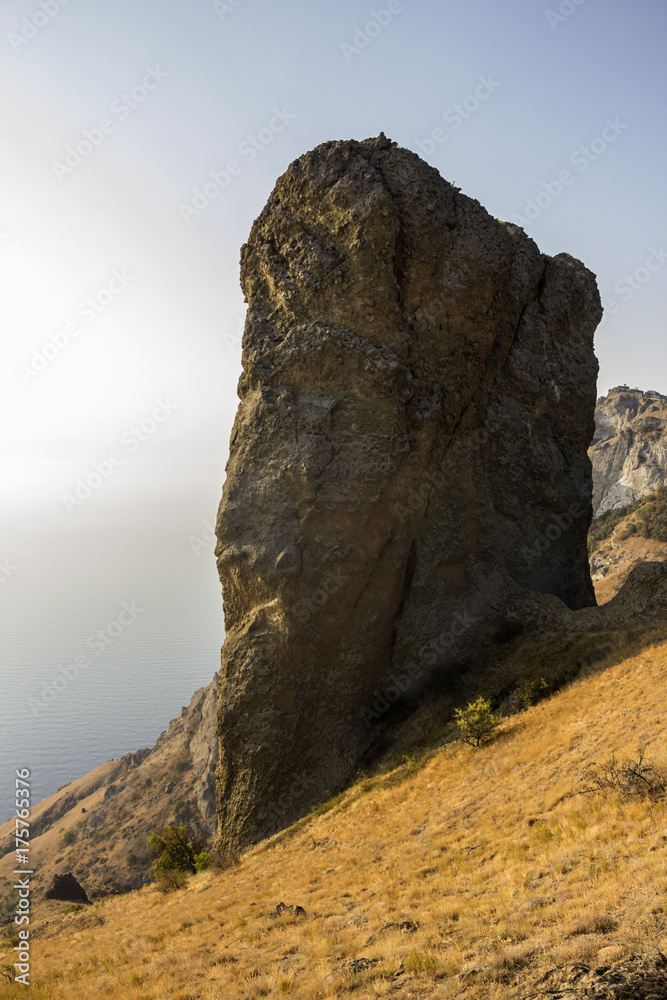 landscape of a famous rock formations, bays near the extinct volcano Karadag Mountain in KaraDag reserve in north-east Crimea, Black sea