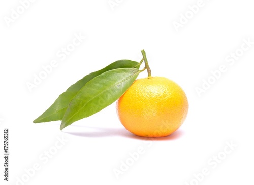  Fresh tangerine on stem with green leaves isolated on white