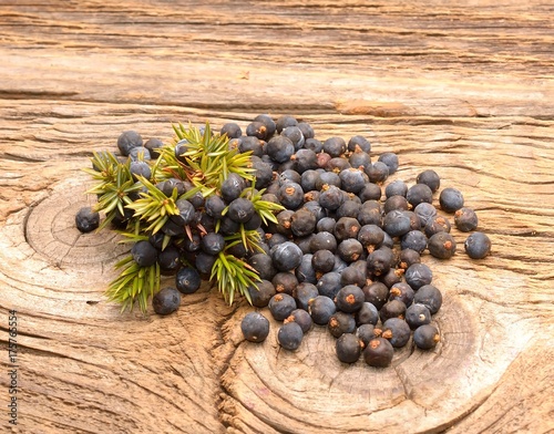  Juniper berries on a wooden background