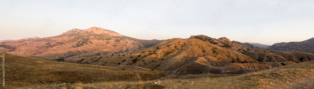 Amazing crimean hills landscape panorama at dawn, summertime, north-east Crimea