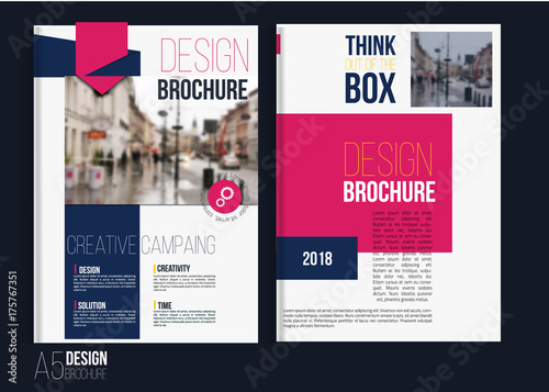 Vector red brochure cover templates with blured city landscape.