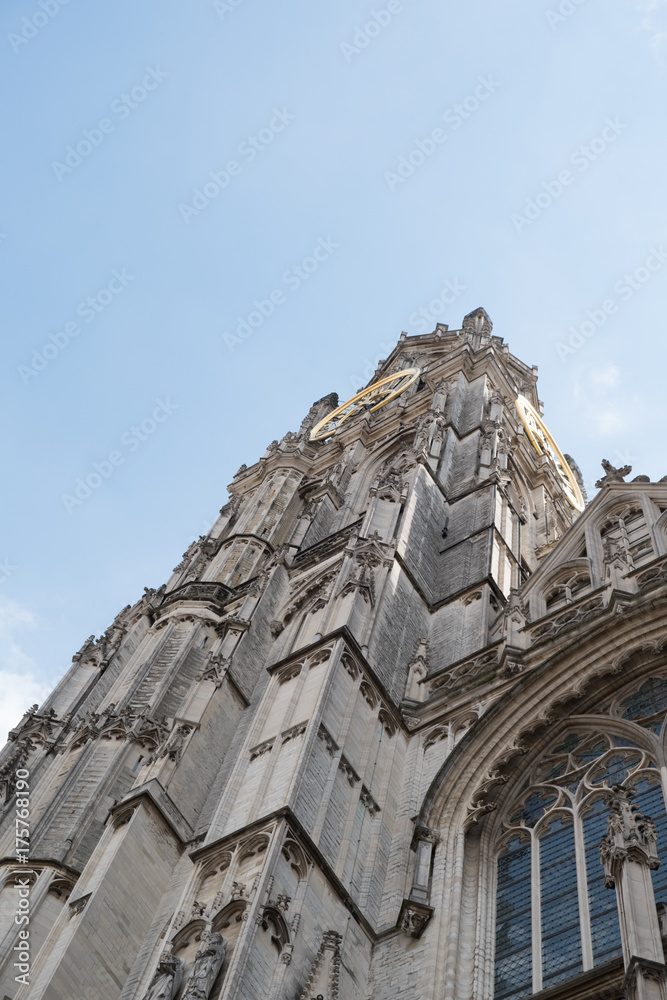 Looking up at the Antwerp Cathedral. The Cathedral of our Lady (Onze-Lieve-Vrouwekathedraal) in Antwerp Belgium. Roman Catholic Cathedral done in gothic style.