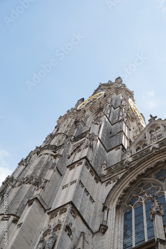 Looking up at the Antwerp Cathedral. The Cathedral of our Lady (Onze-Lieve-Vrouwekathedraal) in Antwerp Belgium. Roman Catholic Cathedral done in gothic style.