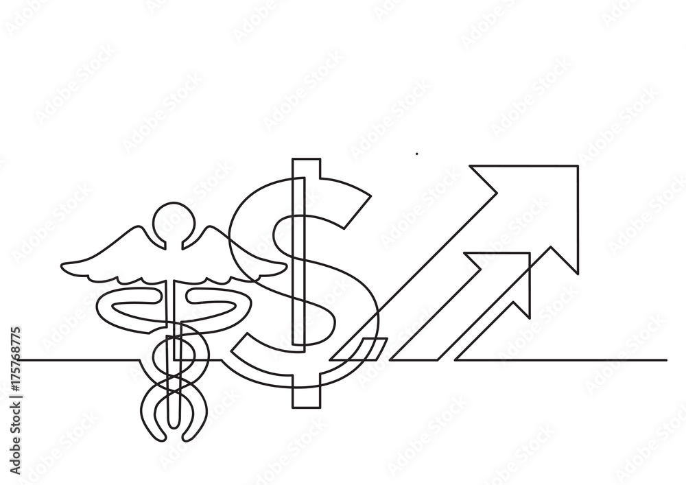 one line drawing of isolated vector object - dollar sign and medical symbol with arrows one line drawing of isolated vector object - dollar sign and medical symbol with arrows