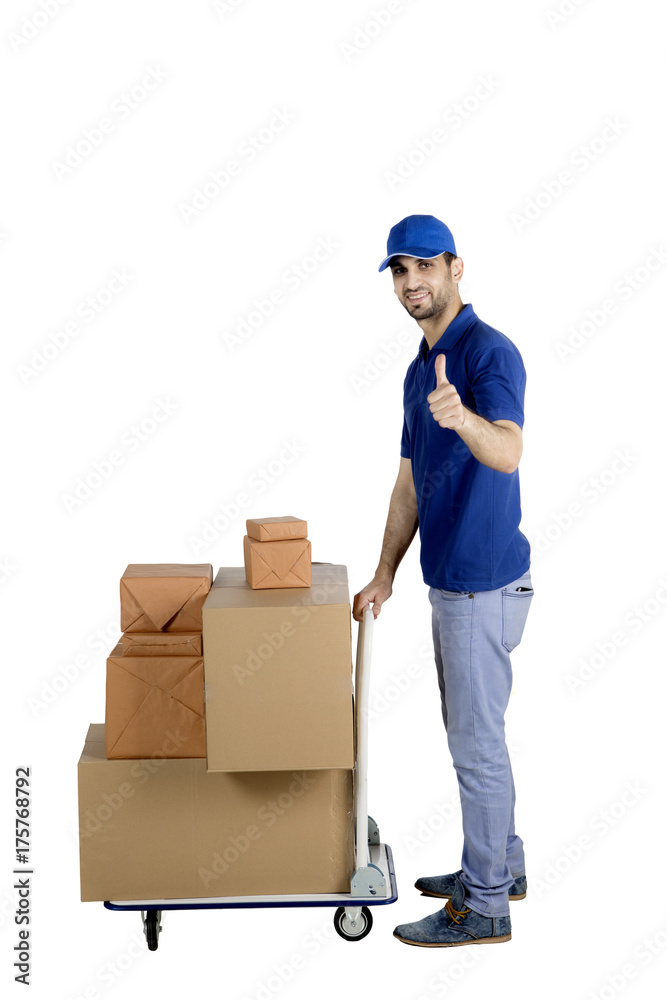 Italian postman with thumb up and trolley Italian postman with thumb up and trolley