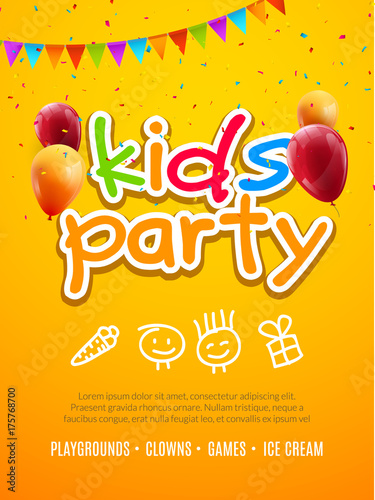 Kids party invitation design template. Child celebrating fun flyer poster banner decoration