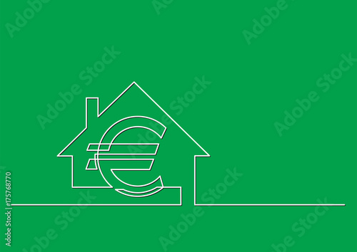 one line drawing of isolated vector object - euro sign and house