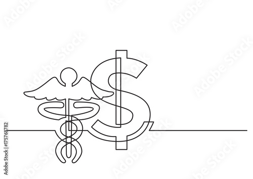 one line drawing of isolated vector object - dollar sign and symbol of medicine