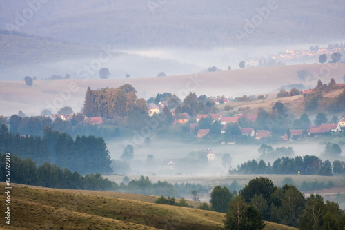 Romanian mountain landscape with fog and trees 